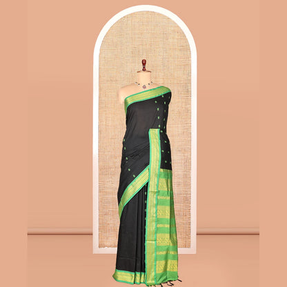 Pothys Black Kalyani Cotton Saree, Enthralled with Thread Buttas, a Contrast Traditional Zari Border, Grand Pallu, and a Contrast Blouse