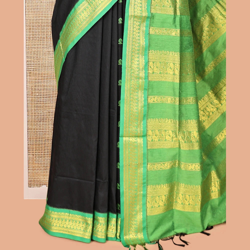Pothys Black Kalyani Cotton Saree, Enthralled with Thread Buttas, a Contrast Traditional Zari Border, Grand Pallu, and a Contrast Blouse