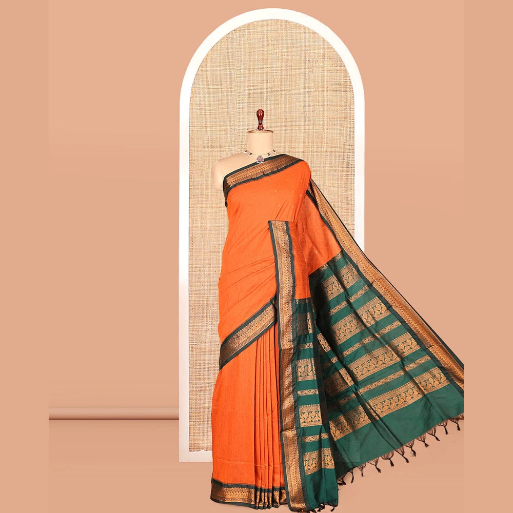 Pothys Orange Kalyani Cotton Saree, Crafted with Buttas, a Contrast Traditional Zari Border, Grand Pallu, and a Contrast Blouse