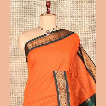 Pothys Orange Kalyani Cotton Saree, Crafted with Buttas, a Contrast Traditional Zari Border, Grand Pallu, and a Contrast Blouse