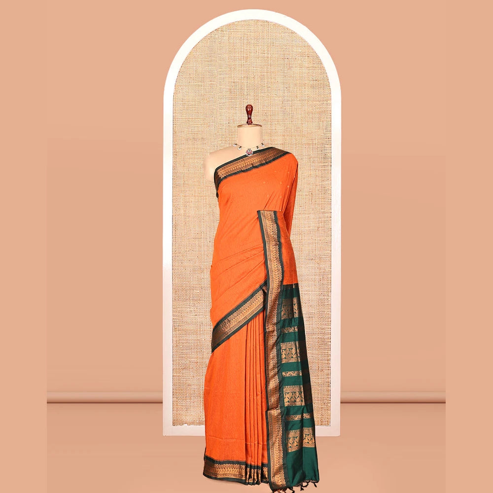 Pothys Orange Kalyani Cotton Saree, Crafted with Buttas, a Contrast Traditional Zari Border, Grand Pallu, and a Contrast Blouse