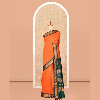 Pothys Orange Kalyani Cotton Saree, Crafted with Buttas, a Contrast Traditional Zari Border, Grand Pallu, and a Contrast Blouse