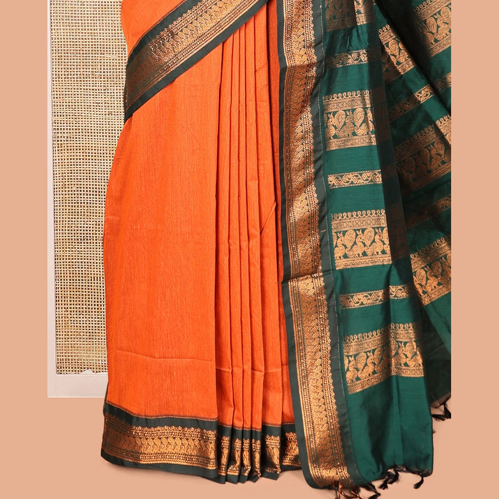Pothys Orange Kalyani Cotton Saree, Crafted with Buttas, a Contrast Traditional Zari Border, Grand Pallu, and a Contrast Blouse