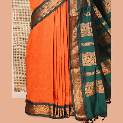 Pothys Orange Kalyani Cotton Saree, Crafted with Buttas, a Contrast Traditional Zari Border, Grand Pallu, and a Contrast Blouse