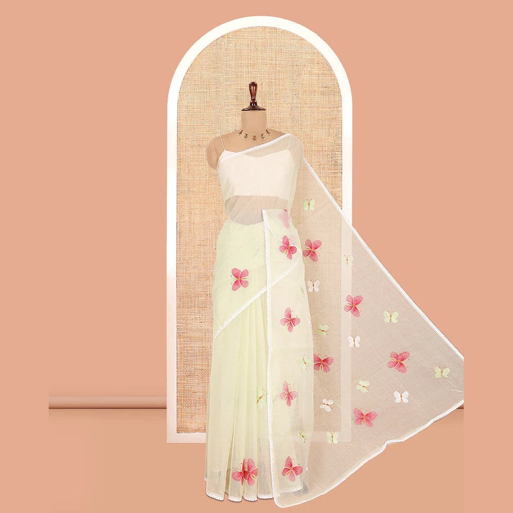 Pothys Yellowish Green Kota Doria Saree, Delicately Woven with Butterfly Buttas, a Lace Border, a Matching Blouse
