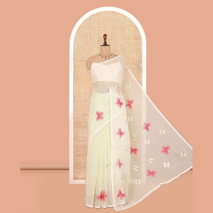 Pothys Yellowish Green Kota Doria Saree, Delicately Woven with Butterfly Buttas, a Lace Border, a Matching Blouse