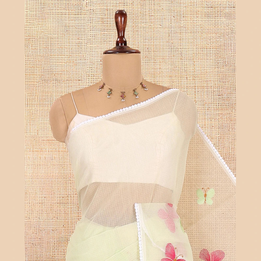 Pothys Yellowish Green Kota Doria Saree, Delicately Woven with Butterfly Buttas, a Lace Border, a Matching Blouse