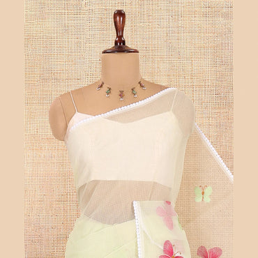 Pothys Yellowish Green Kota Doria Saree, Delicately Woven with Butterfly Buttas, a Lace Border, a Matching Blouse