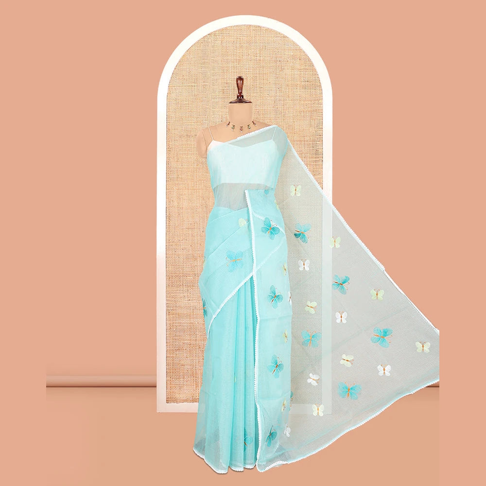 Pothys Teal Green Kota Doria Saree, Delicately Woven with Butterfly Buttas, a Lace Border, a Matching Blouse