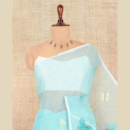Pothys Teal Green Kota Doria Saree, Delicately Woven with Butterfly Buttas, a Lace Border, a Matching Blouse