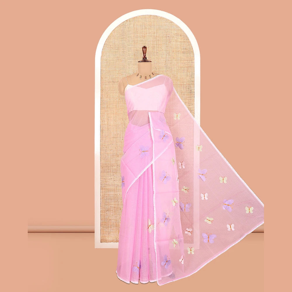 Pothys Pastel Lavender Kota Doria Saree, Delicately Woven with Butterfly Buttas, a Lace Border, a Matching Blouse
