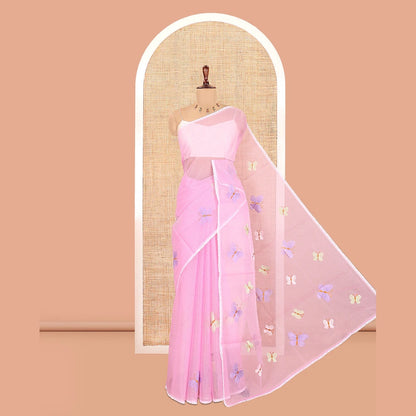 Pothys Pastel Lavender Kota Doria Saree, Delicately Woven with Butterfly Buttas, a Lace Border, a Matching Blouse