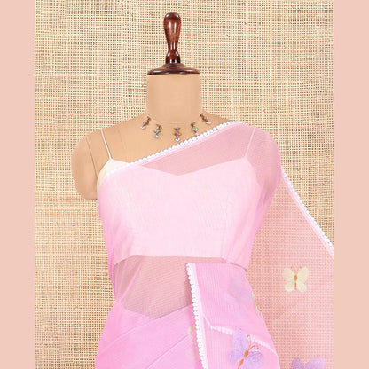 Pothys Pastel Lavender Kota Doria Saree, Delicately Woven with Butterfly Buttas, a Lace Border, a Matching Blouse
