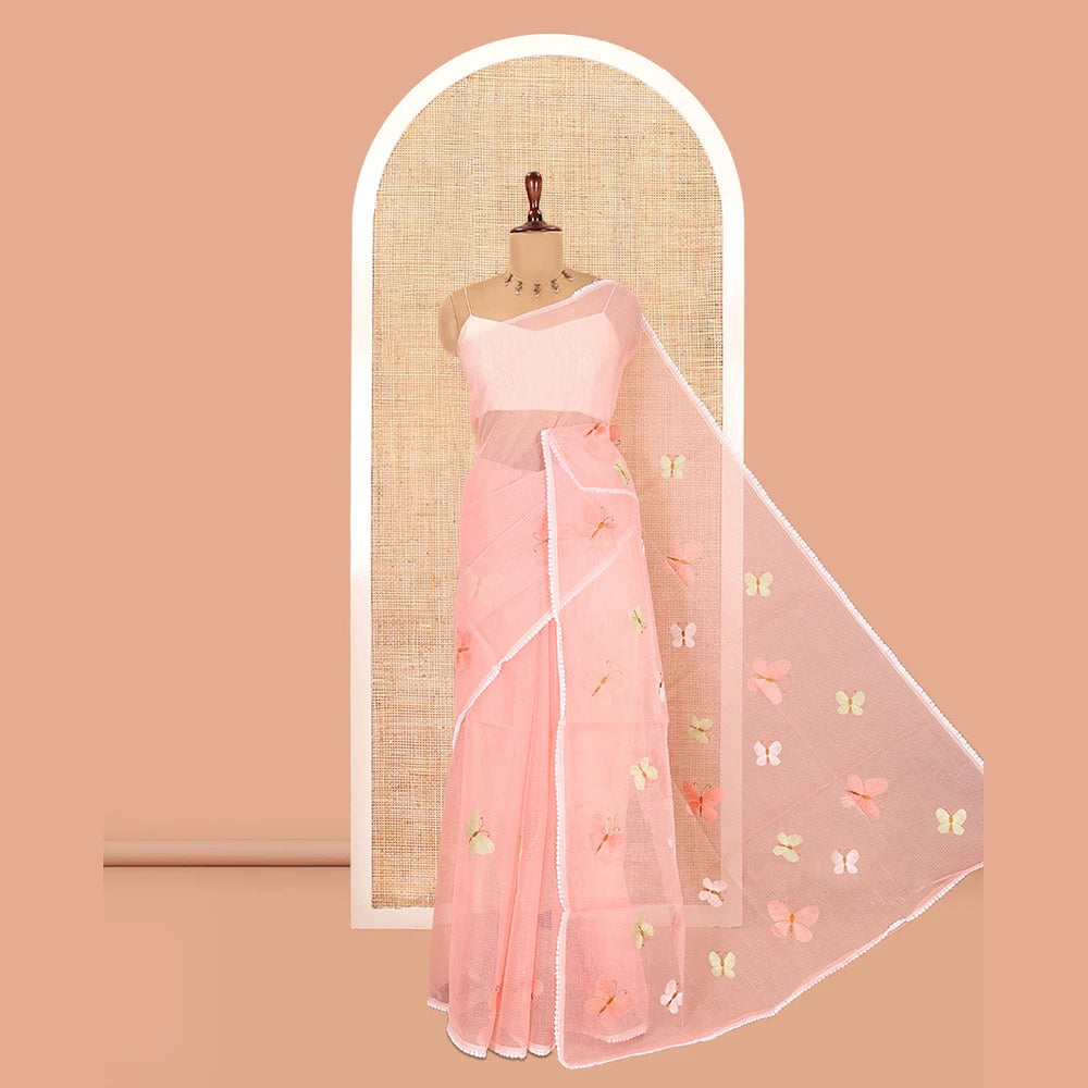 Pothys Pastel Pink Kota Doria Saree, Delicately Woven with Butterfly Buttas, a Lace Border, a Matching Blouse