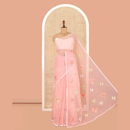 Pothys Pastel Pink Kota Doria Saree, Delicately Woven with Butterfly Buttas, a Lace Border, a Matching Blouse