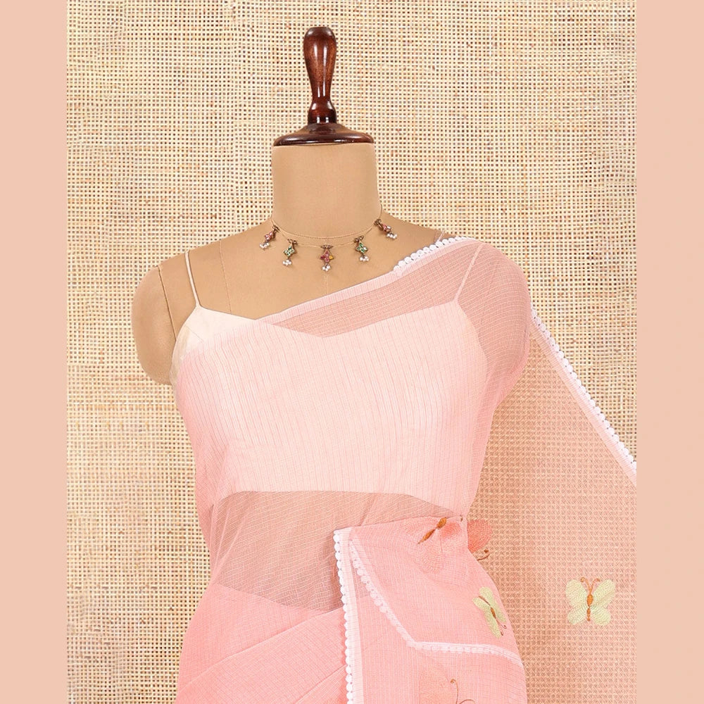 Pothys Pastel Pink Kota Doria Saree, Delicately Woven with Butterfly Buttas, a Lace Border, a Matching Blouse