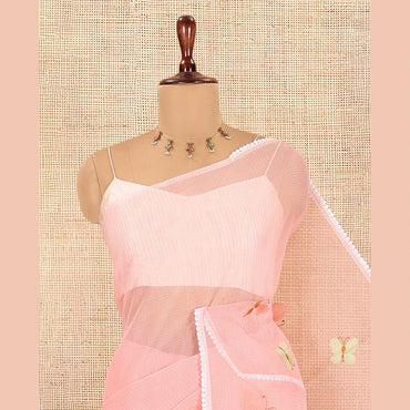 Pothys Pastel Pink Kota Doria Saree, Delicately Woven with Butterfly Buttas, a Lace Border, a Matching Blouse