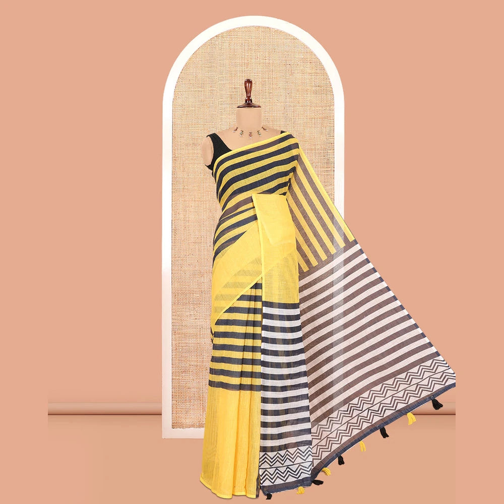 Pothys Borderless Yellow Linen Cotton Saree, Embellished with Stripes, a Self-Pallu of Stripes, and a Contrast Blouse
