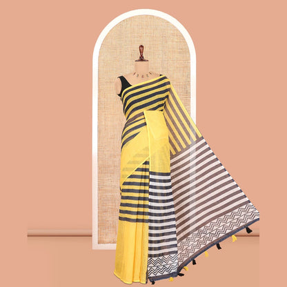 Pothys Borderless Yellow Linen Cotton Saree, Embellished with Stripes, a Self-Pallu of Stripes, and a Contrast Blouse