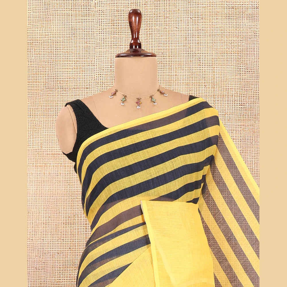 Pothys Borderless Yellow Linen Cotton Saree, Embellished with Stripes, a Self-Pallu of Stripes, and a Contrast Blouse