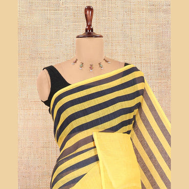 Pothys Borderless Yellow Linen Cotton Saree, Embellished with Stripes, a Self-Pallu of Stripes, and a Contrast Blouse