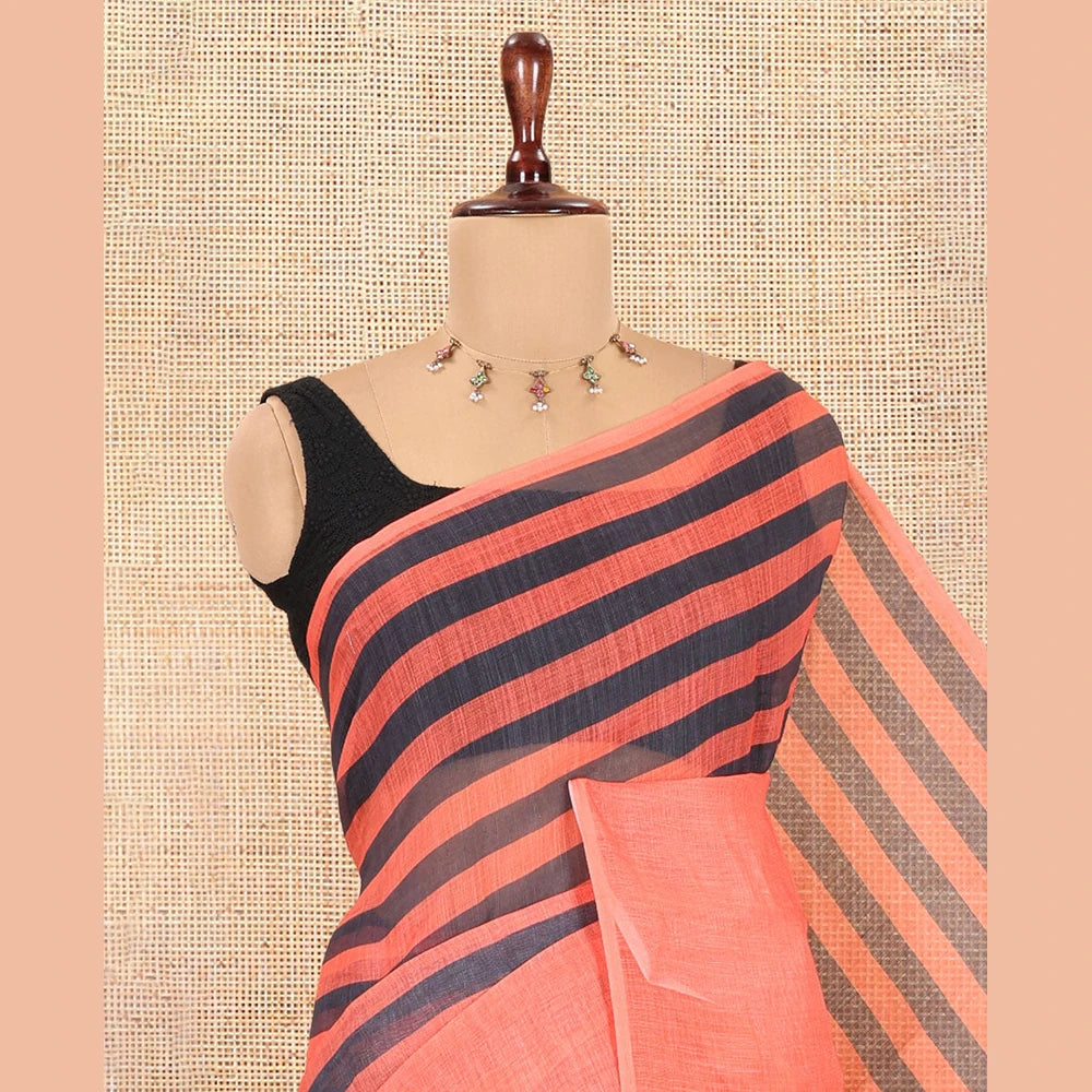 Pothys Borderless Orange Linen Cotton Saree, Accentuated with Stripes, a Self-Pallu of Stripes, and a Contrast Blouse