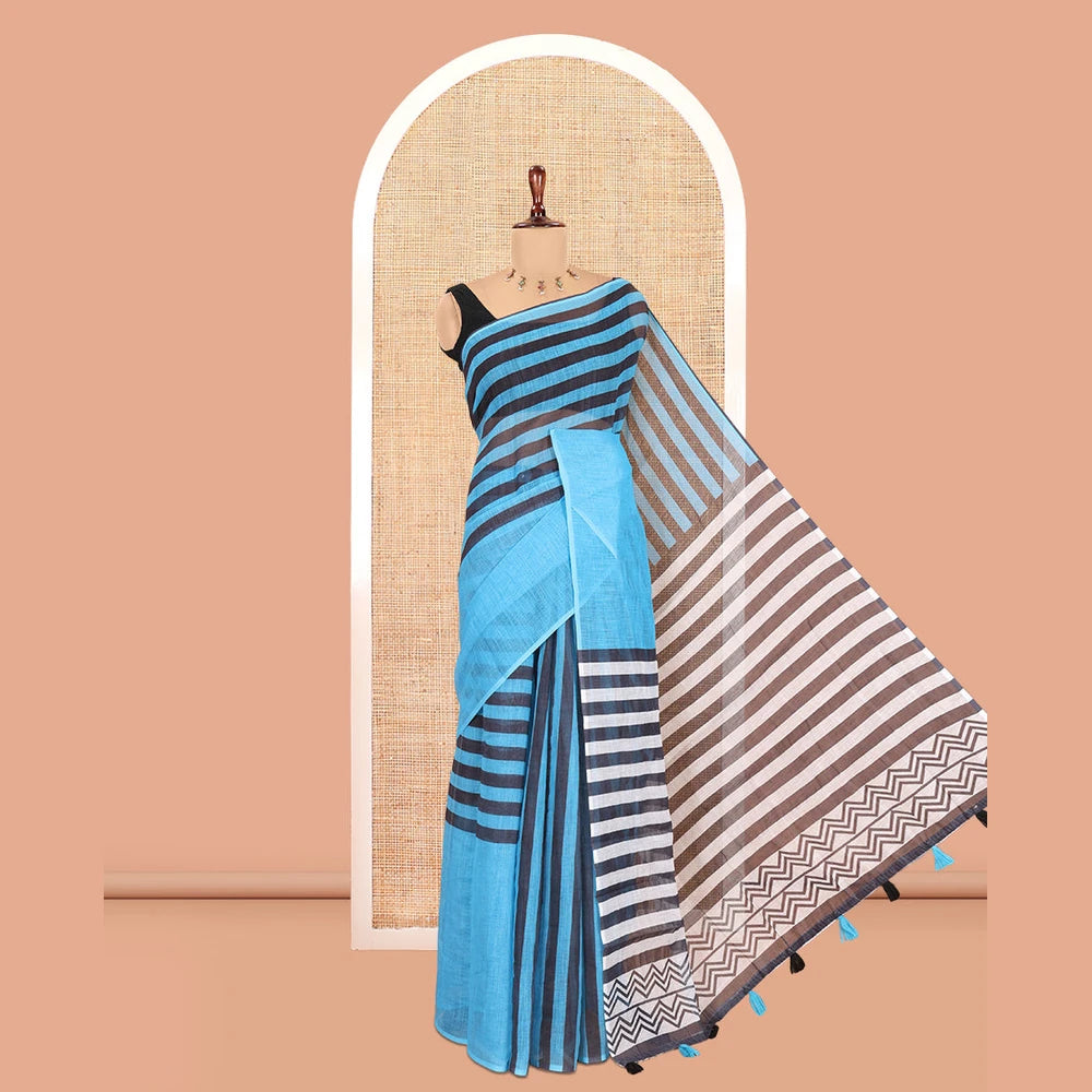 Pothys Borderless Blue Linen Cotton Saree, Ornamented with Stripes, a Self-Pallu of Stripes, and a Contrast Blouse