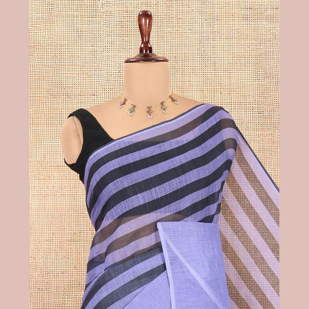 Pothys Borderless Lavender Linen Cotton Saree, Decked Up with Stripes, a Self-Pallu of Stripes, and a Contrast Blouse