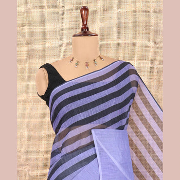 Pothys Borderless Lavender Linen Cotton Saree, Decked Up with Stripes, a Self-Pallu of Stripes, and a Contrast Blouse