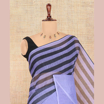 Pothys Borderless Lavender Linen Cotton Saree, Decked Up with Stripes, a Self-Pallu of Stripes, and a Contrast Blouse