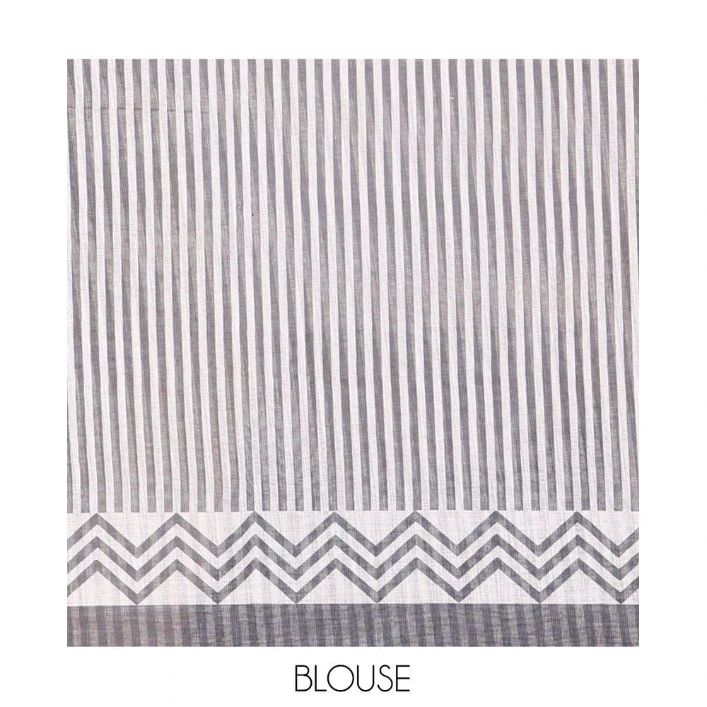 Pothys Borderless Lavender Linen Cotton Saree, Decked Up with Stripes, a Self-Pallu of Stripes, and a Contrast Blouse