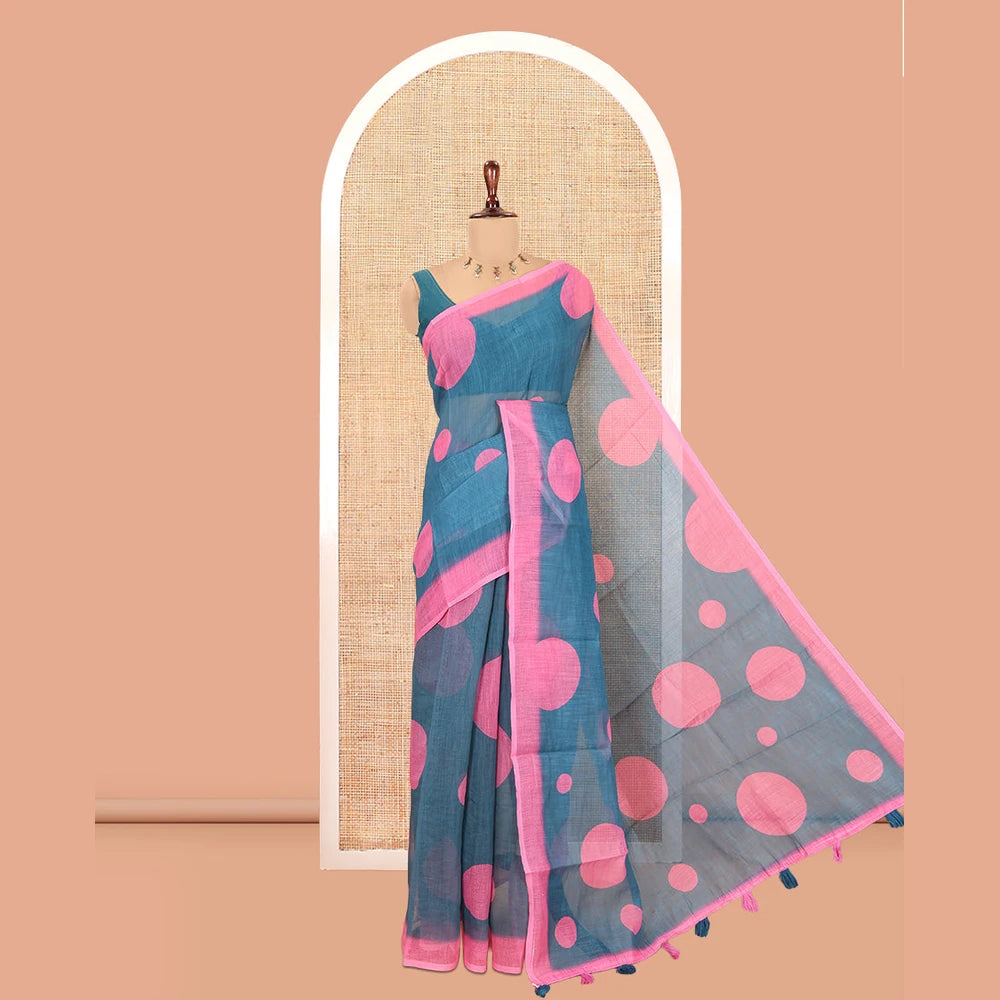 Pothys Teal Linen Cotton Saree, Subtly Sparkled with Polka Dot Buttas, a Contrast Border, a Contrast Blouse