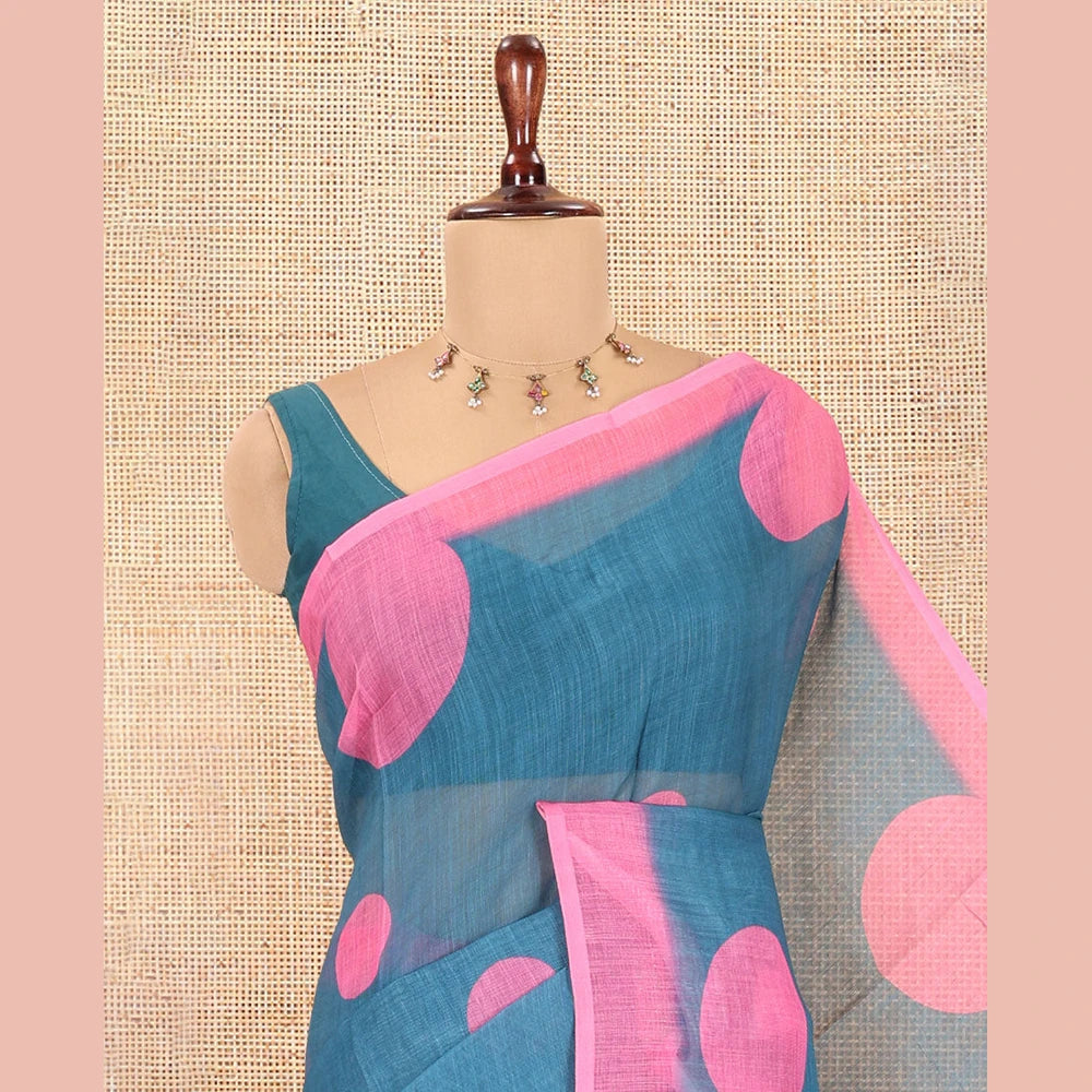 Pothys Teal Linen Cotton Saree, Subtly Sparkled with Polka Dot Buttas, a Contrast Border, a Contrast Blouse