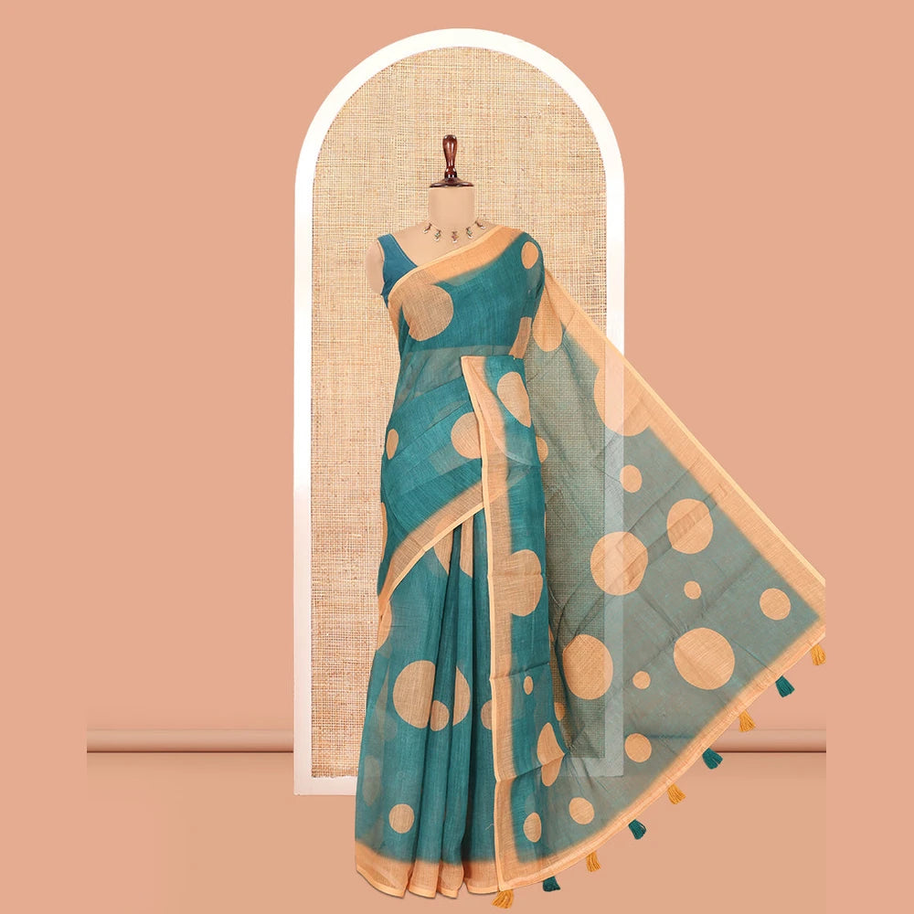 Pothys Green Linen Cotton Saree, Subtly Sparkled with Polka Dot Buttas, a Contrast Border, a Contrast Blouse