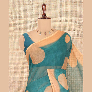 Pothys Green Linen Cotton Saree, Subtly Sparkled with Polka Dot Buttas, a Contrast Border, a Contrast Blouse