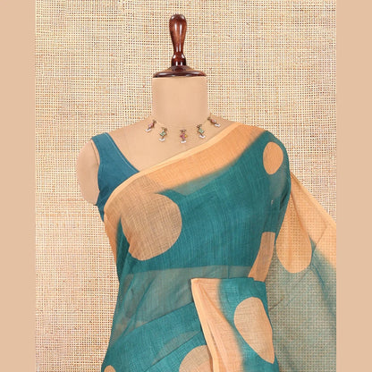 Pothys Green Linen Cotton Saree, Subtly Sparkled with Polka Dot Buttas, a Contrast Border, a Contrast Blouse