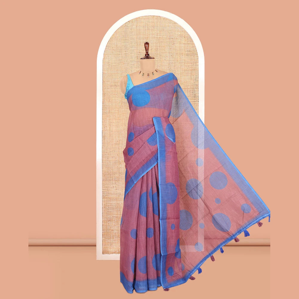 Pothys Dusky Purple Linen Cotton Saree, Subtly Sparkled with Polka Dot Buttas, a Contrast Border, a Contrast Blouse