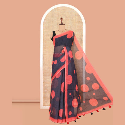 Pothys Black Linen Cotton Saree, Subtly Sparkled with Polka Dot Buttas, a Contrast Border, a Contrast Blouse