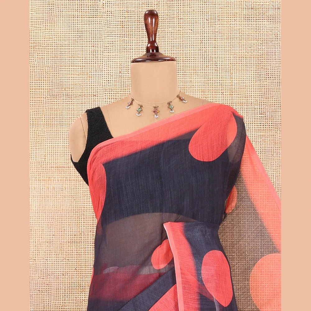Pothys Black Linen Cotton Saree, Subtly Sparkled with Polka Dot Buttas, a Contrast Border, a Contrast Blouse