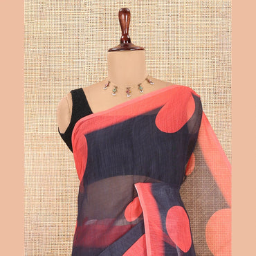 Pothys Black Linen Cotton Saree, Subtly Sparkled with Polka Dot Buttas, a Contrast Border, a Contrast Blouse