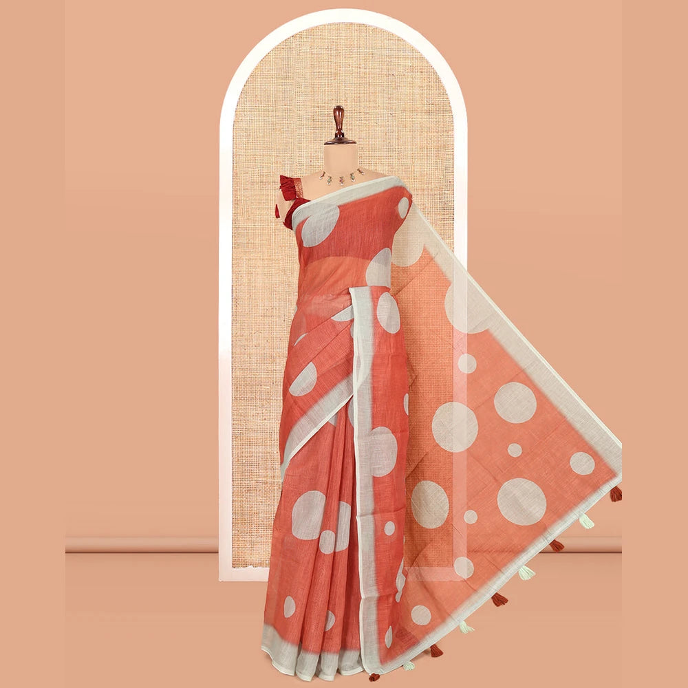 Pothys Rust Orange Linen Cotton Saree, Subtly Sparkled with Polka Dot Buttas, a Contrast Border, a Contrast Blouse
