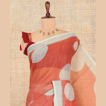 Pothys Rust Orange Linen Cotton Saree, Subtly Sparkled with Polka Dot Buttas, a Contrast Border, a Contrast Blouse