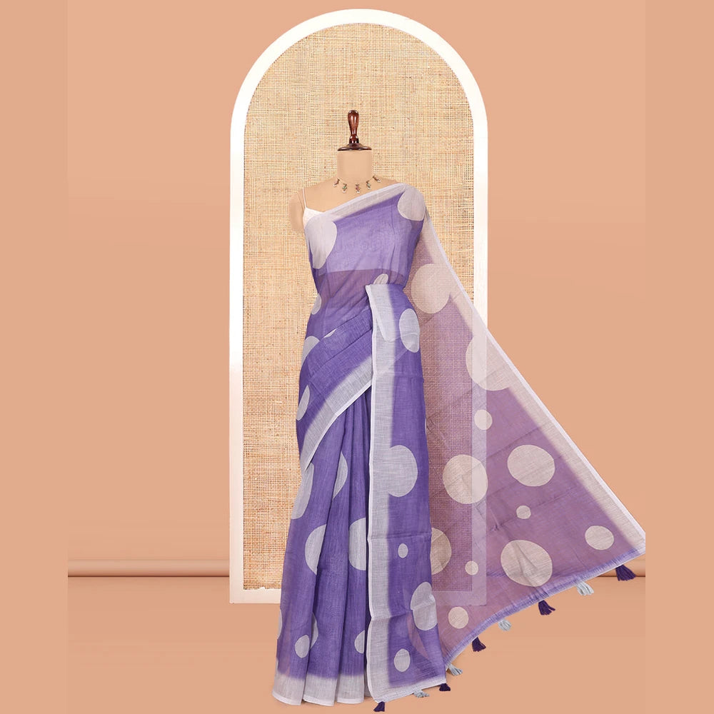 Pothys Violet Linen Cotton Saree, Subtly Sparkled with Polka Dot Buttas, a Contrast Border, a Contrast Blouse