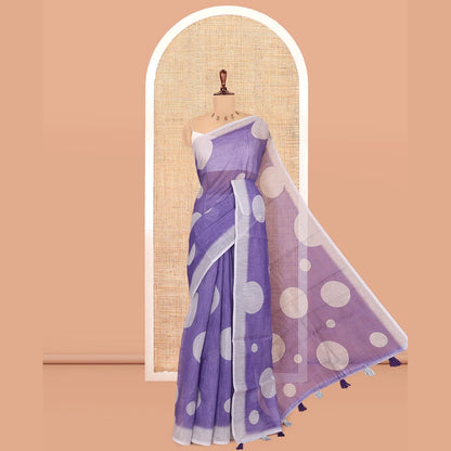 Pothys Violet Linen Cotton Saree, Subtly Sparkled with Polka Dot Buttas, a Contrast Border, a Contrast Blouse