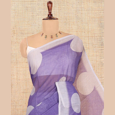 Pothys Violet Linen Cotton Saree, Subtly Sparkled with Polka Dot Buttas, a Contrast Border, a Contrast Blouse