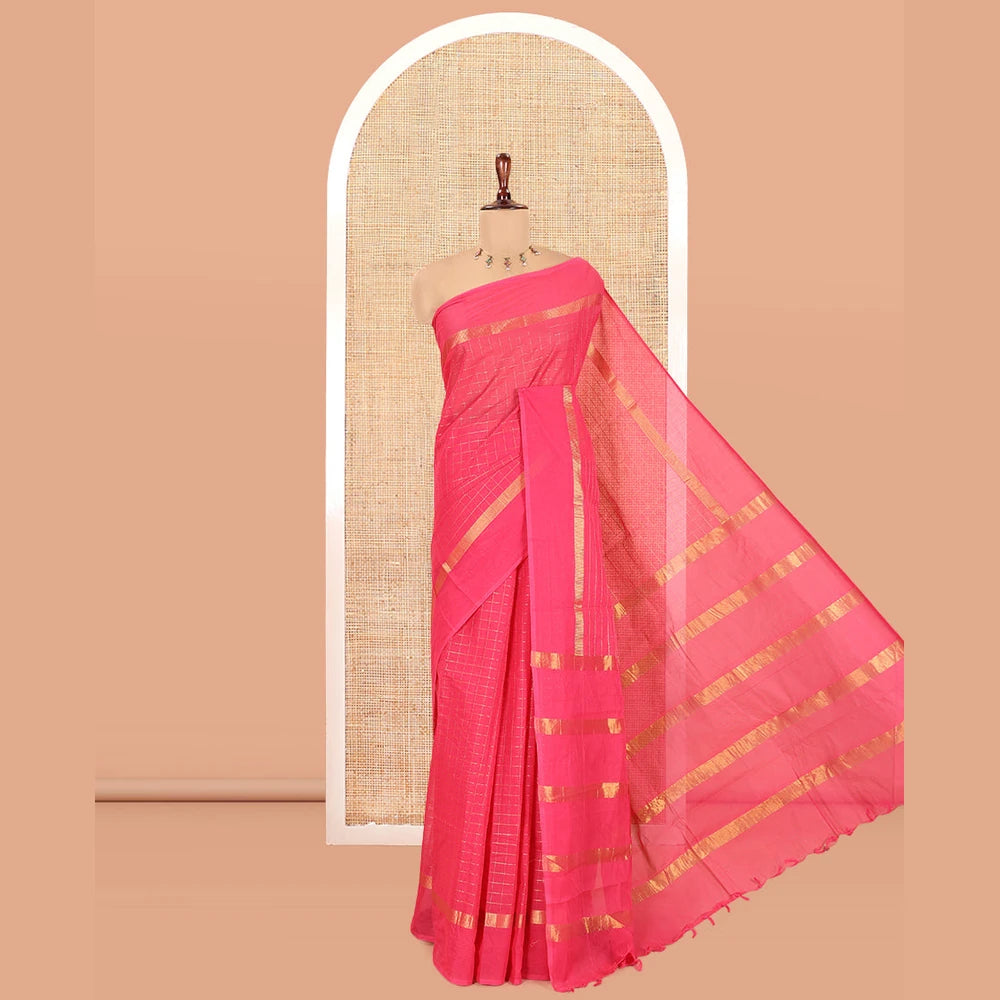 Pothys Pink Chettinad Cotton Saree, Delicately Woven with Checks, a Kaal Eragina Border, Striped Pallu, a Matching Blouse