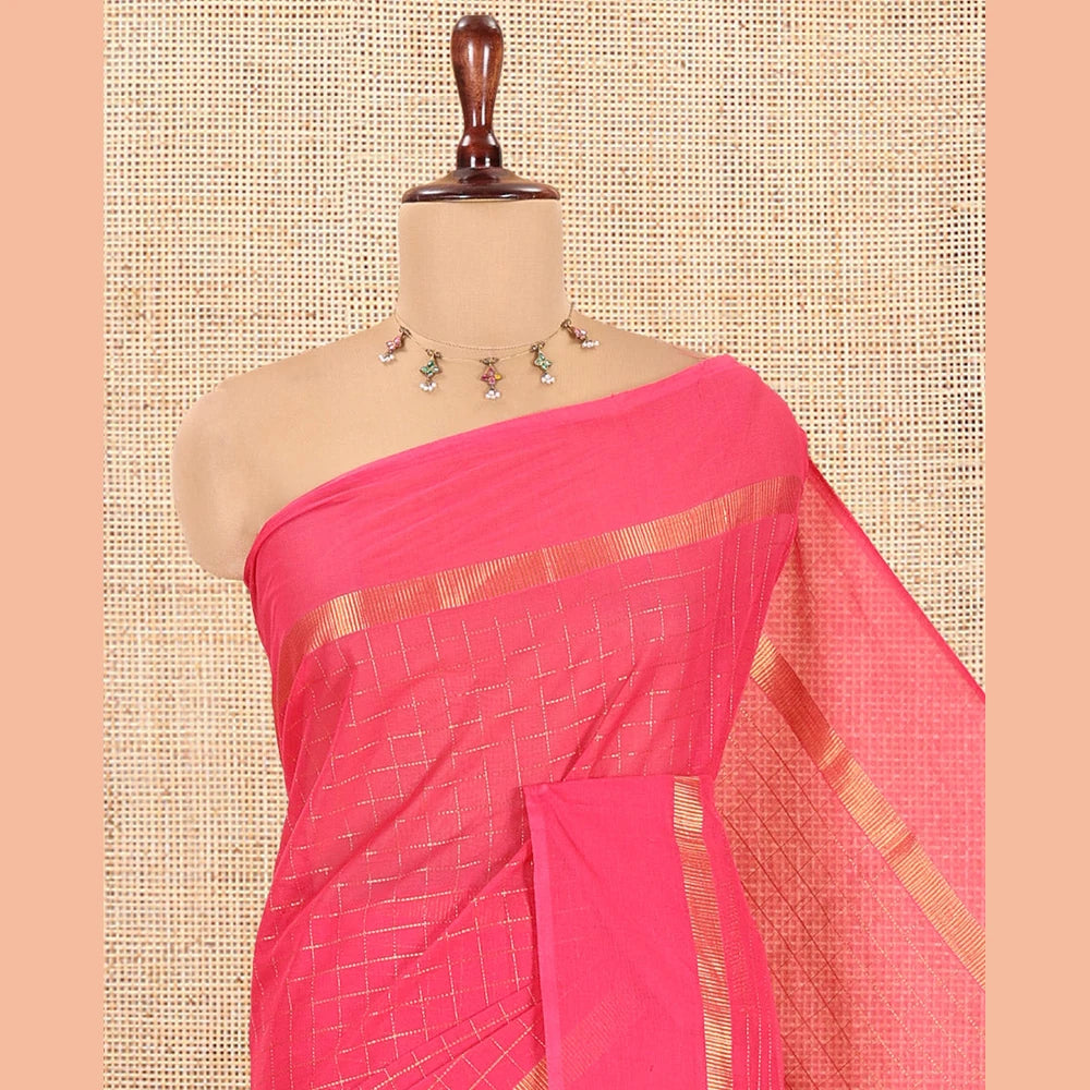 Pothys Pink Chettinad Cotton Saree, Delicately Woven with Checks, a Kaal Eragina Border, Striped Pallu, a Matching Blouse