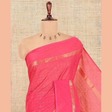 Pothys Pink Chettinad Cotton Saree, Delicately Woven with Checks, a Kaal Eragina Border, Striped Pallu, a Matching Blouse