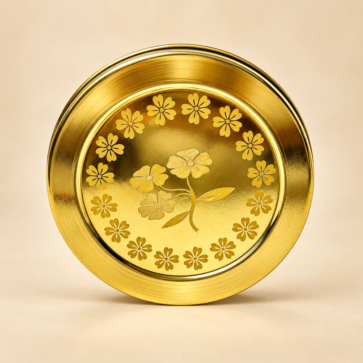 Royal Brass Spice Box – Traditional Masala Dabba with Floral Engraved Lid