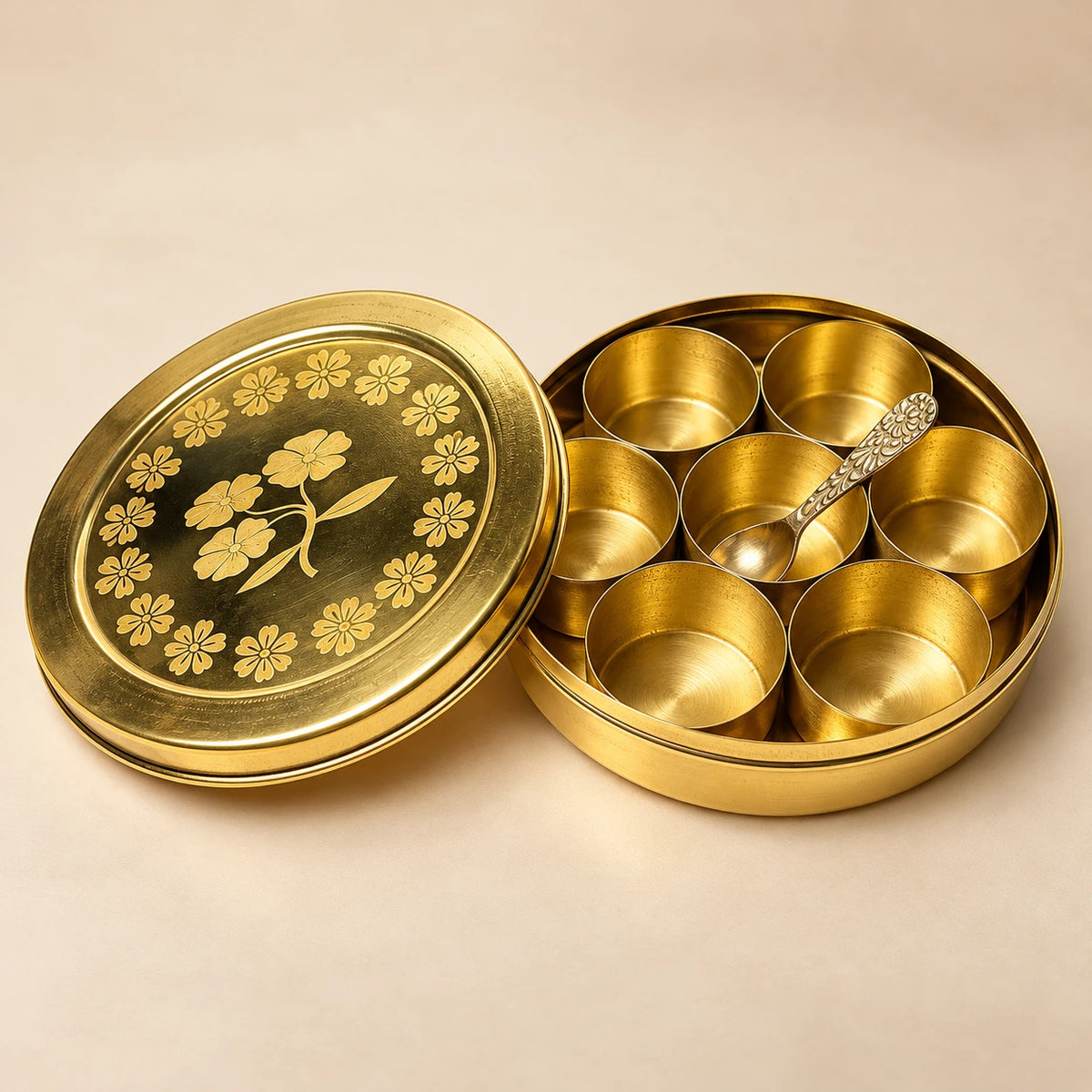 Royal Brass Spice Box – Traditional Masala Dabba with Floral Engraved Lid